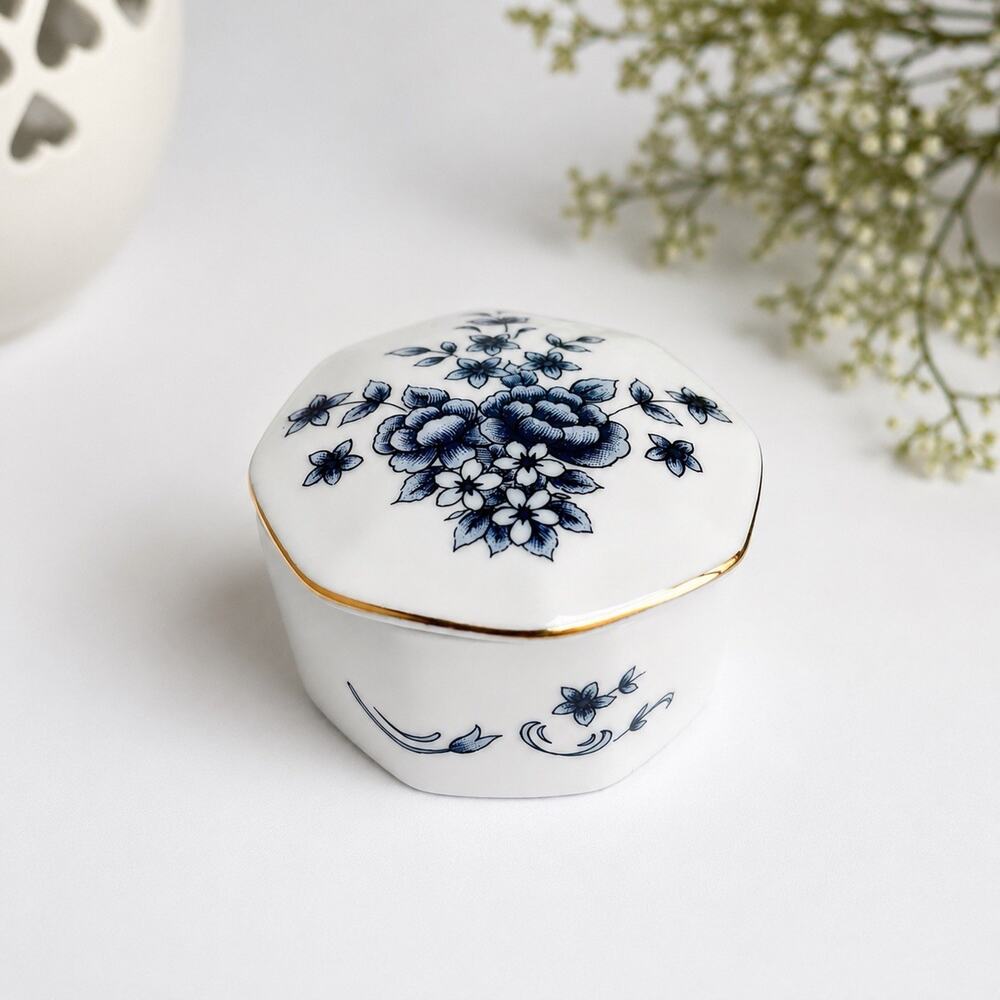 Vintage Blue/White Porcelain Trinket Box, Jewelry Dish Octagon shape Gold Trim